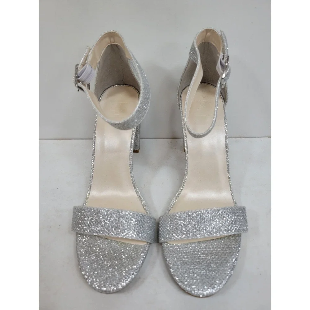 Arya Women's Silver Glitter Ankle Strap Block Heel Dress Sandals Size 6.5...